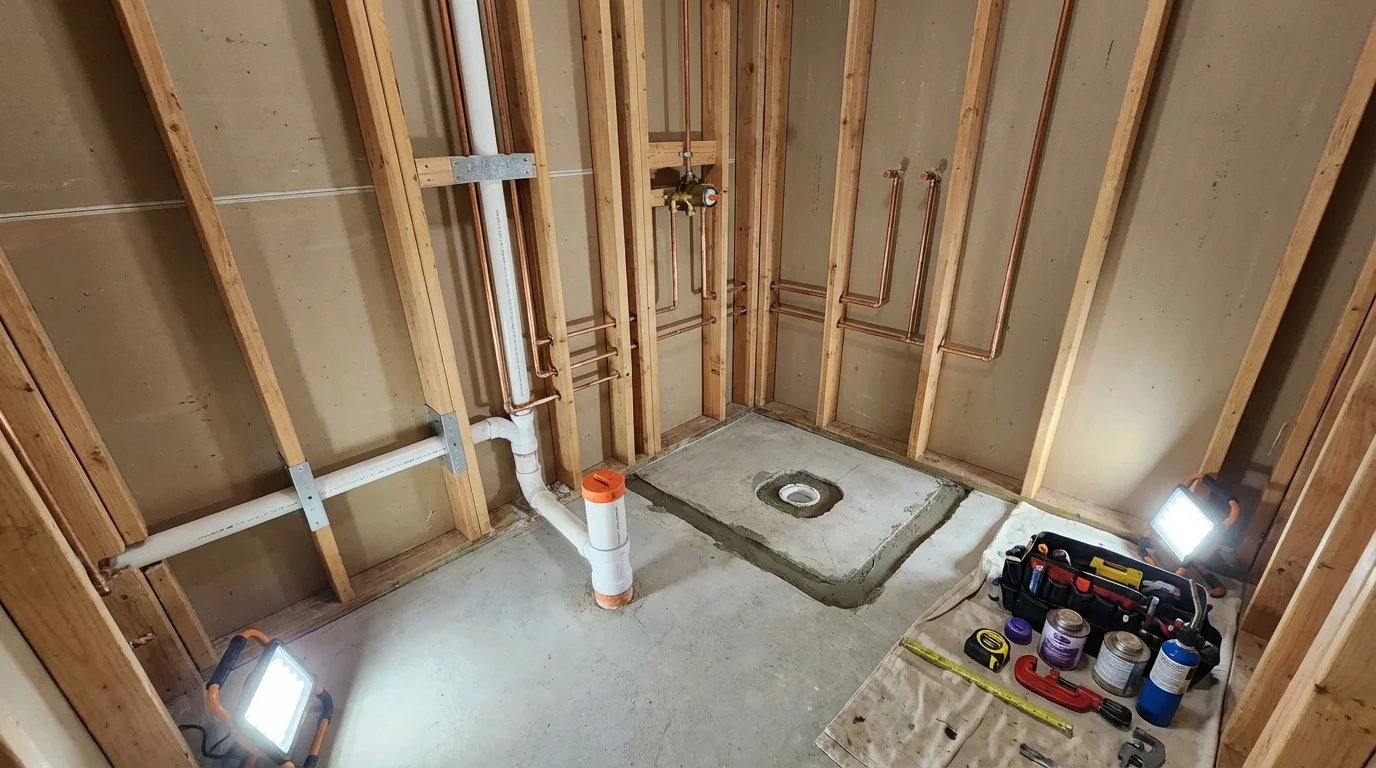 Bathroom rough-in plumbing during remodel by Johns Plumbing LLC in Flourtown
