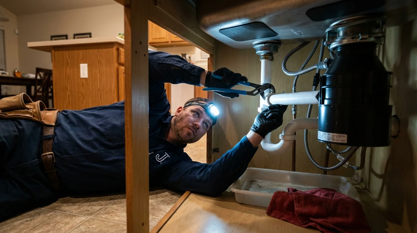 P-trap and supply line connections under a kitchen sink showing a common leak point in Flourtown, PA
